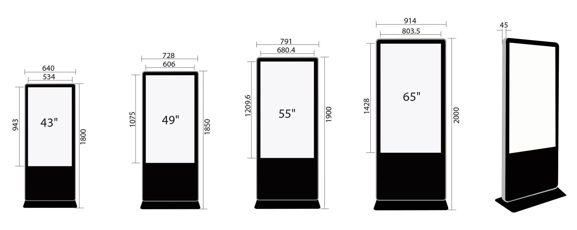 ลักษณะ และขนาดจอคีออส แบบแสตน (KIOSK MODEL STAND)